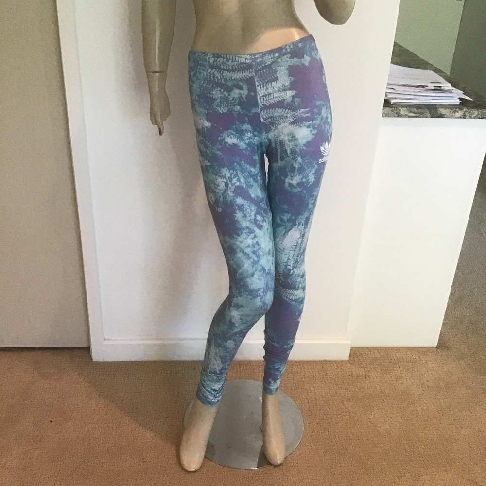Adidas Originals Ocean Elements XS Teal Purple Tie Dye Graphic Trefoil Leggings